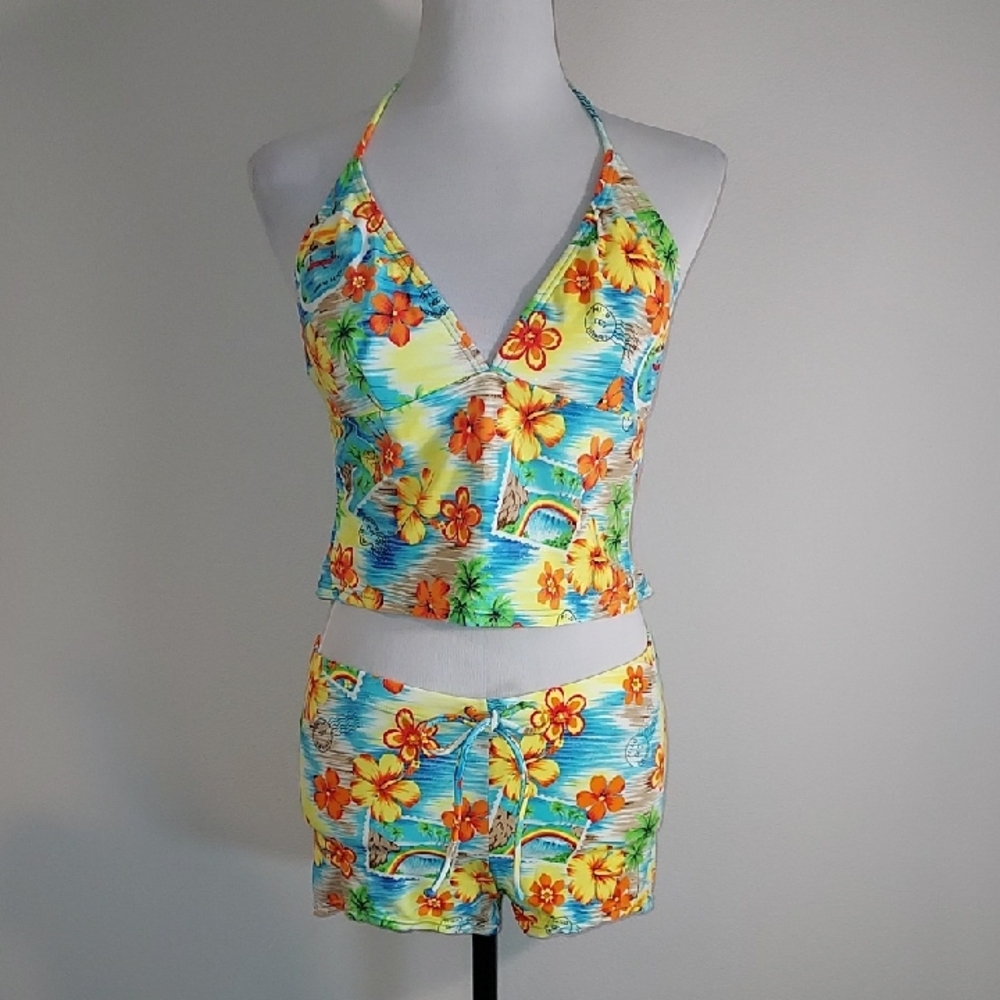 Vtg. Malibu Dream Girl Yellow Orange Hibiscus Flower Hawaiian 2-Piece Swimsuit
